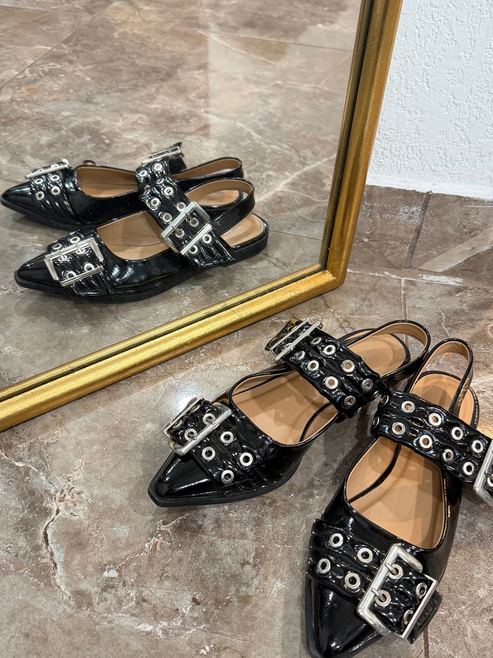 Soda Black Patent Pointed Slingback Sandals with Silver Buckles